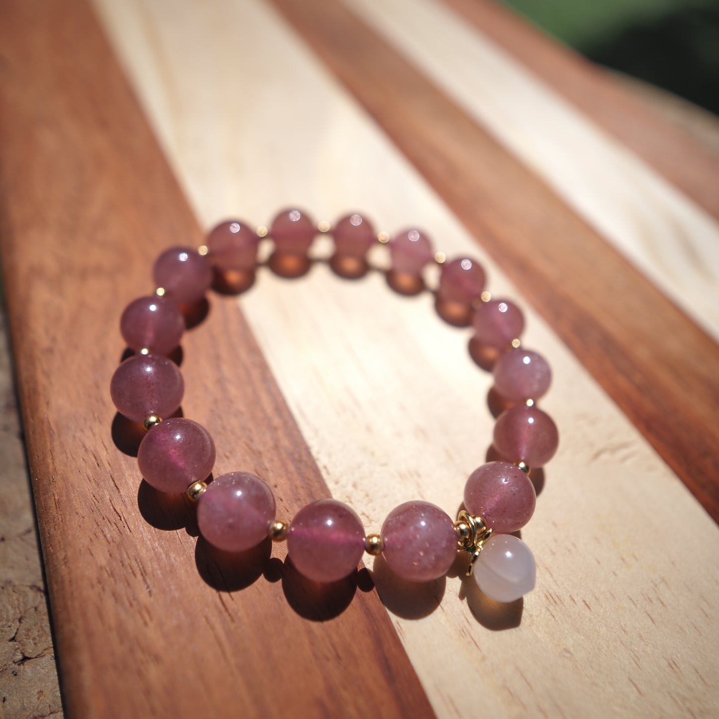 Natural Strawberry Quartz Crystal with Crimson Agate Peach Charm Bracelet 11mm