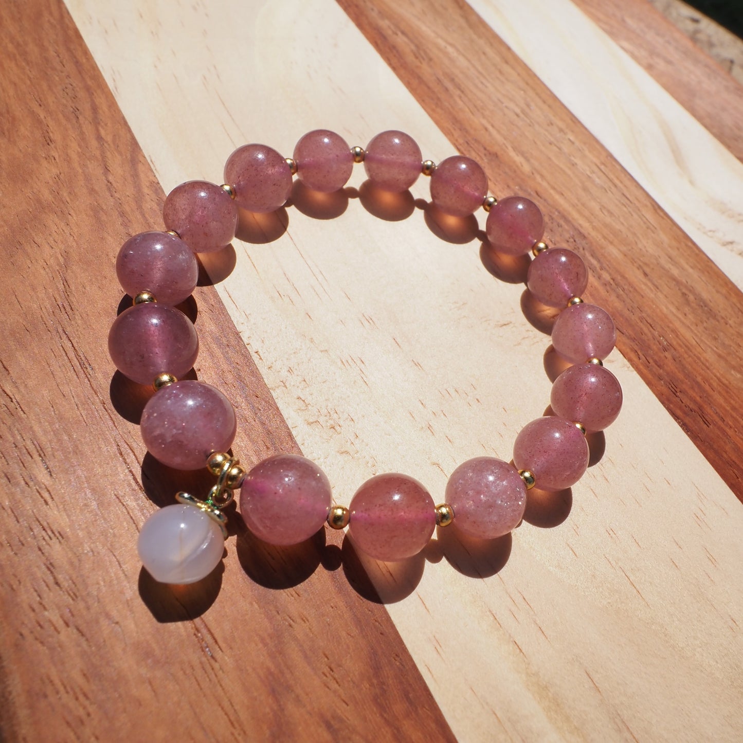 Natural Strawberry Quartz Crystal with Crimson Agate Peach Charm Bracelet 11mm