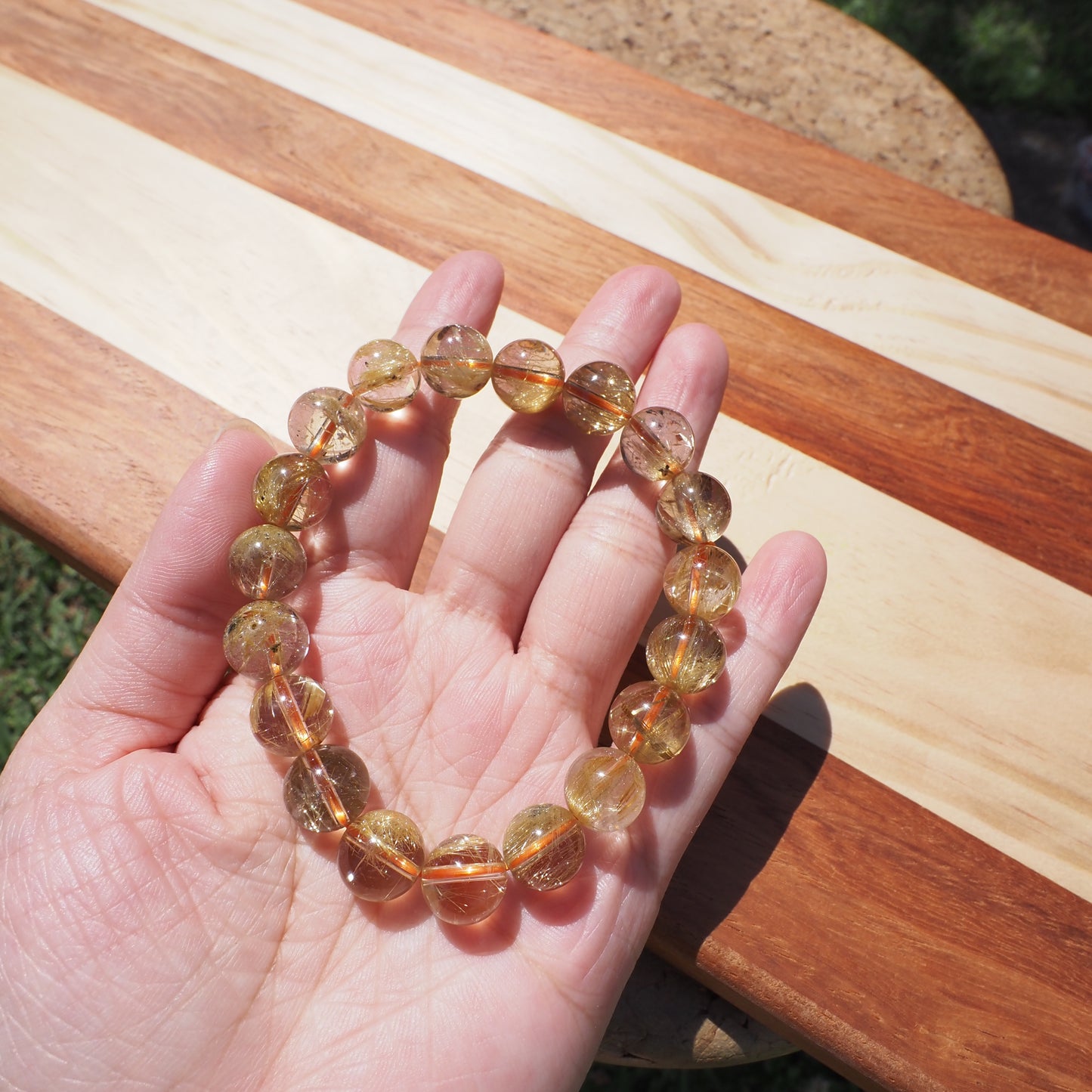 Natural Genuine Golden Rutilated Quartz Crystal Beaded Bracelet 10mm