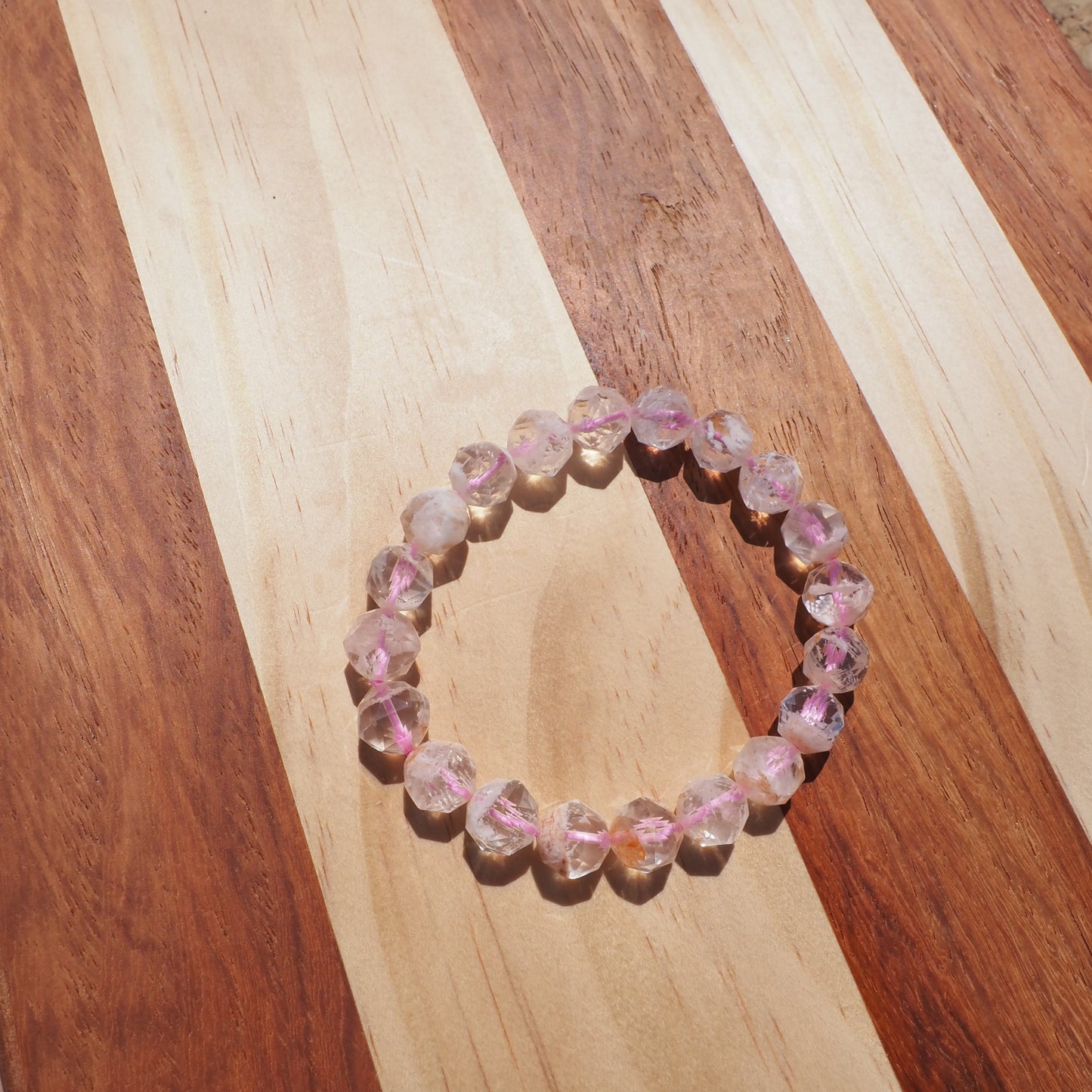 Natural Pink Snowflake Phantom Quartz Diamond Cut Beads Bracelet