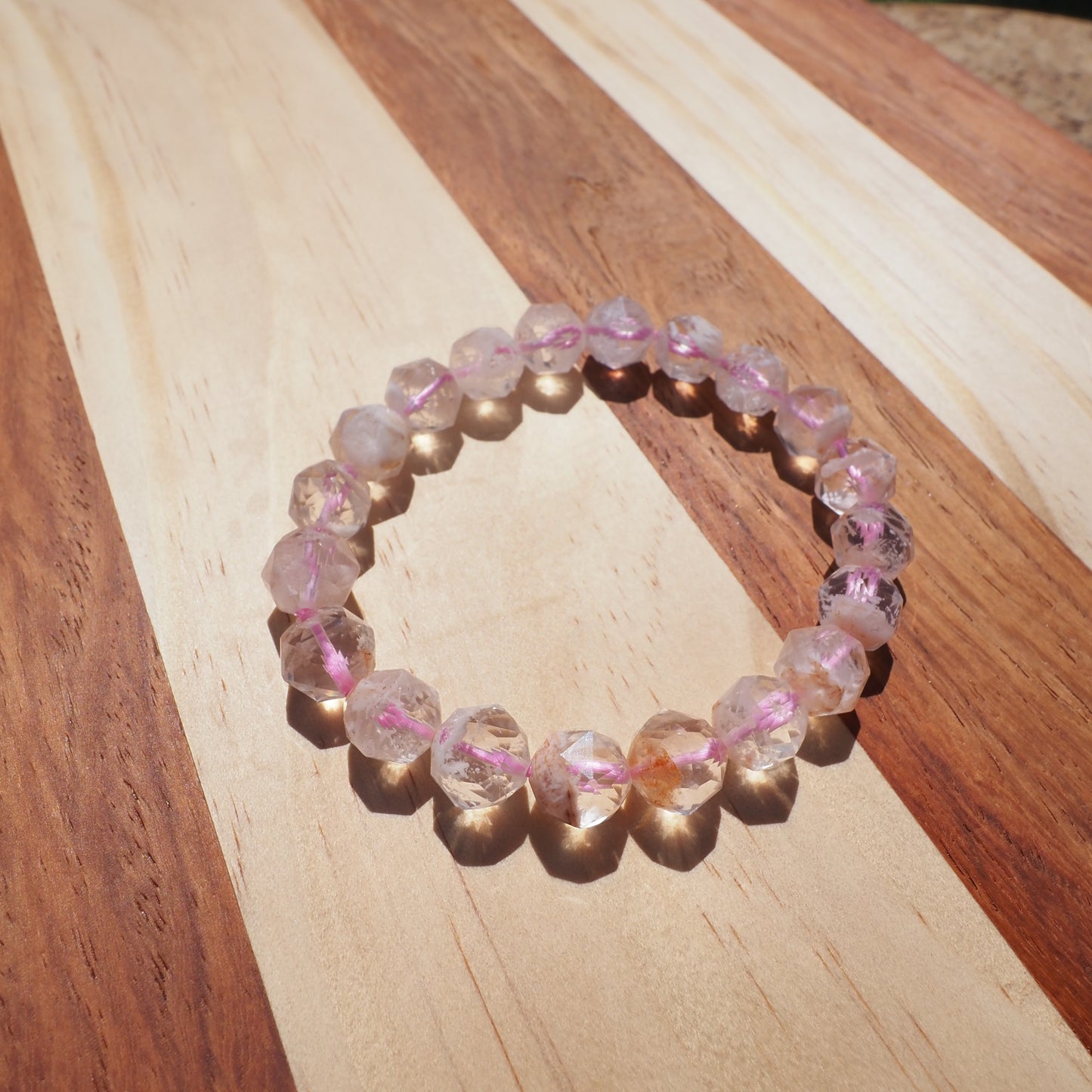 Natural Pink Snowflake Phantom Quartz Diamond Cut Beads Bracelet