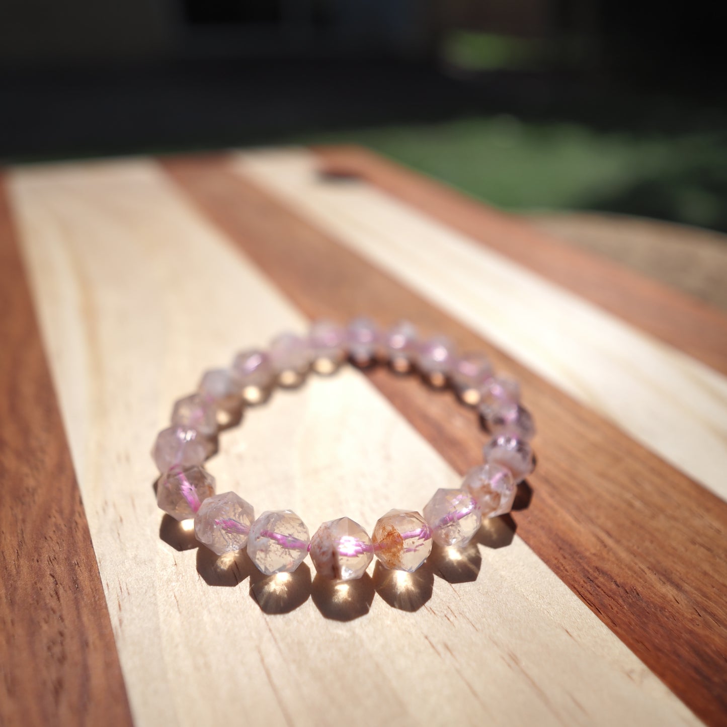 Natural Pink Snowflake Phantom Quartz Diamond Cut Beads Bracelet