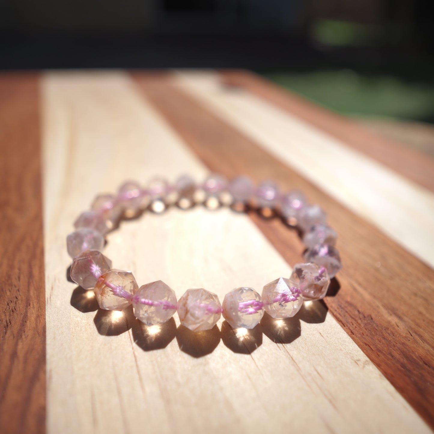 Natural Pink Snowflake Phantom Quartz Diamond Cut Beads Bracelet