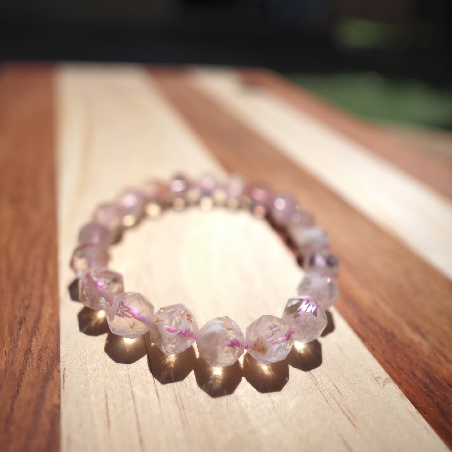 Natural Pink Snowflake Phantom Quartz Diamond Cut Beads Bracelet